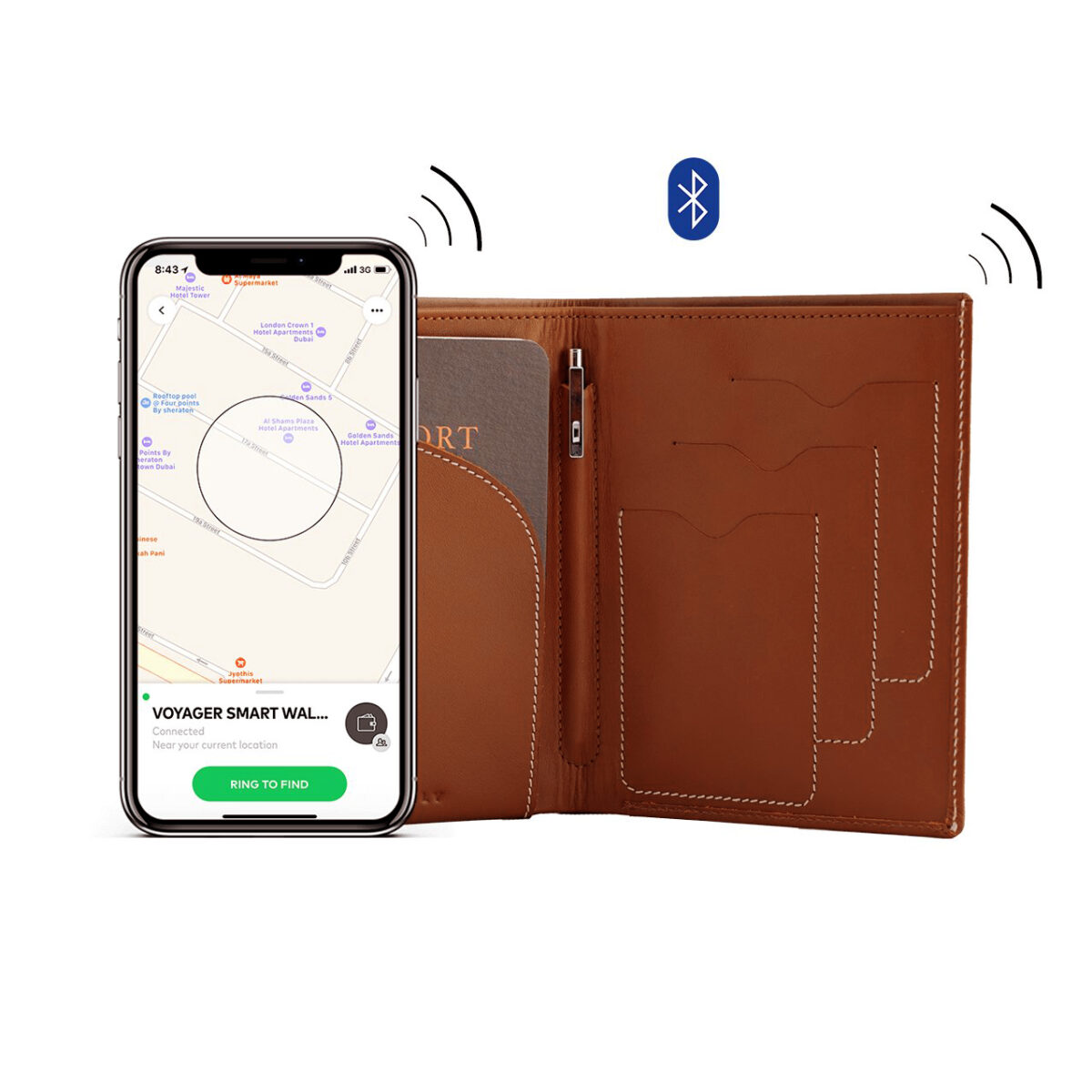 01 Tan Voyager Leather Wallet Anti Loss Electronic Smart Tech